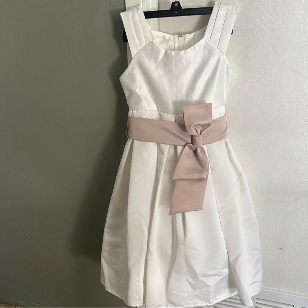 Elegant White Kids Dress with taupe sash size 4 by Cinderella Couture